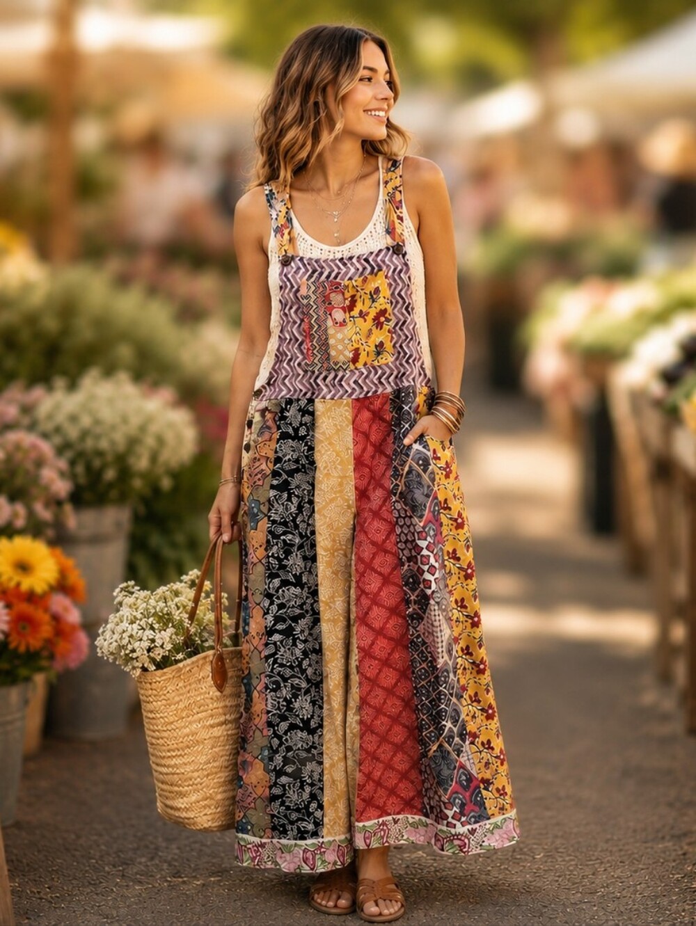 Rahab's Rope 100% Cotton Patchwork Botanical Wide Leg Overalls Boho Artisan L